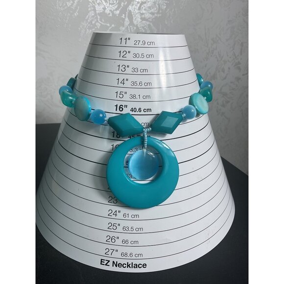Turquoise Blue Beaded Statement Necklace With Large Pendant & Adjustable Chain - Picture 2 of 4